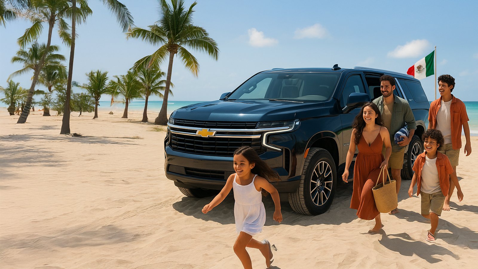 Happy family with chauffeur beside black Chevrolet Suburban SUV on sandy beach with Mexican flag