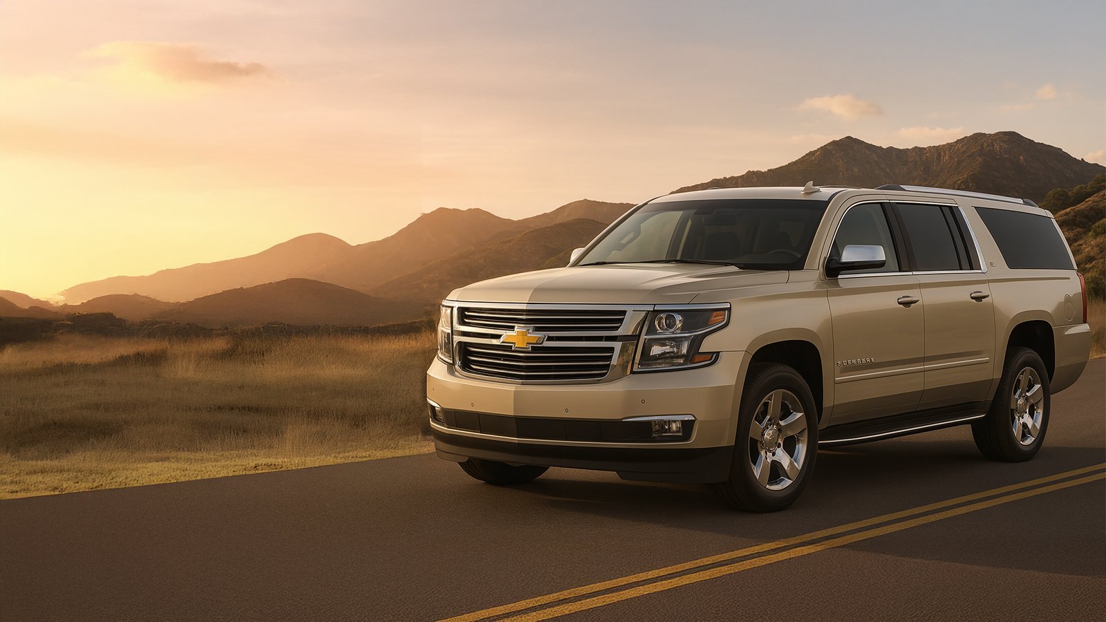 Golden Chevrolet Suburban SUV parked on scenic mountain road at sunset.