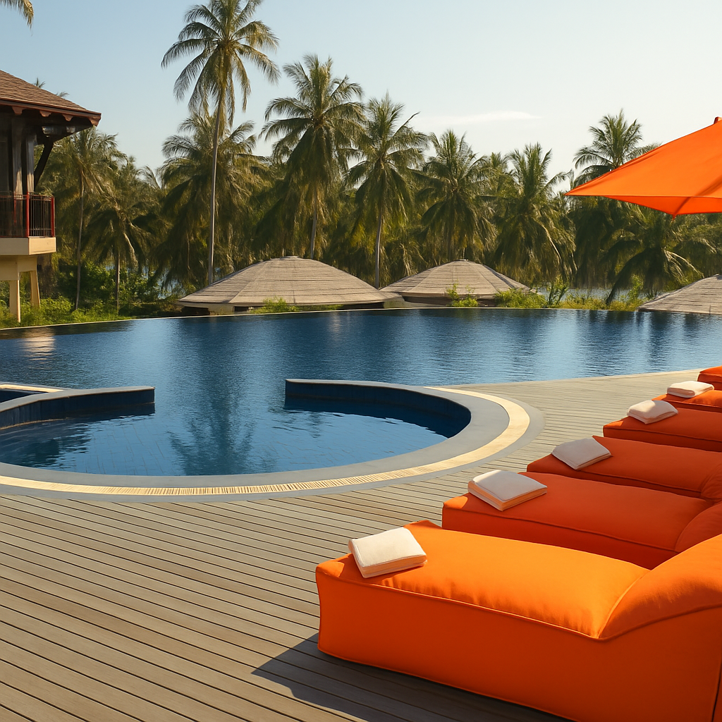 Luxury resort infinity pool with orange loungers and palm trees in the background.